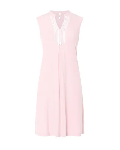 Woman wears sleeveless lingerie summer nightdress in pink ribbed lingerie for summer with open neckline and back