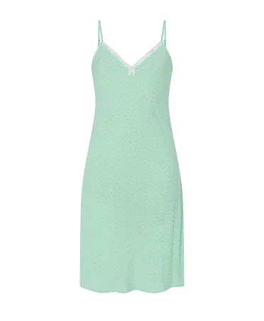 Lohe women's short nightdress, soft green viscose jacquard fabric with polka dot print, lace on neckline and straps.