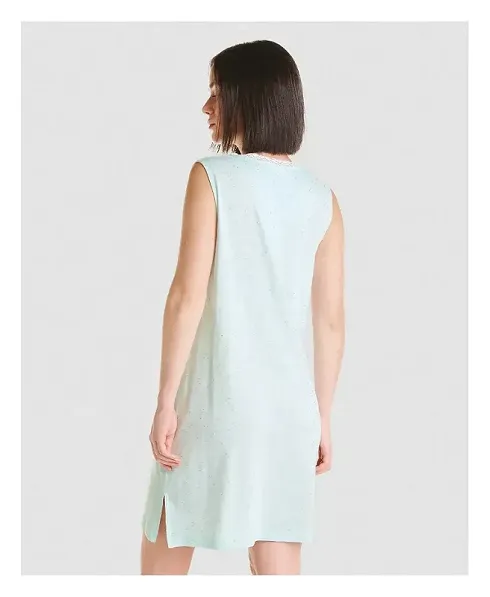 Rear view of short sleeveless summer nightgown in elegant green with lace collar