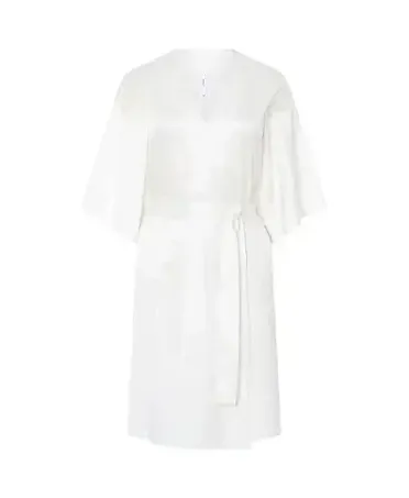 Lohe women's short dressing gown, check jacquard fabric, collar placket, side pockets, belt and French sleeves.