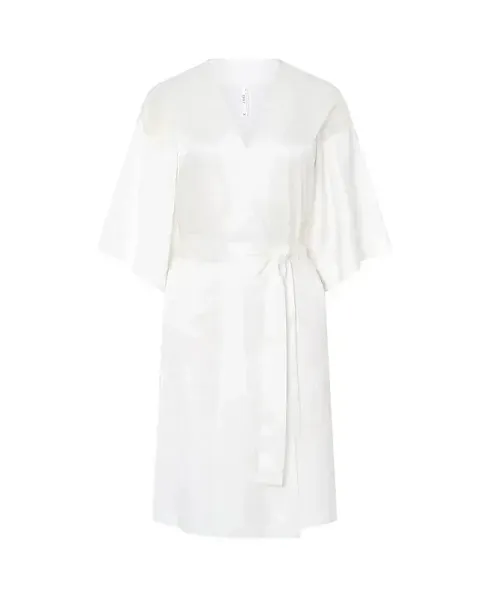 Lohe women's short dressing gown, check jacquard fabric, collar placket, side pockets, belt and French sleeves.