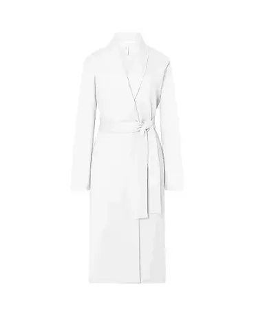 Lohe women's long coat, ivory knitted fabric, double breasted with piping on lapel, side pockets, belt and long sleeves.