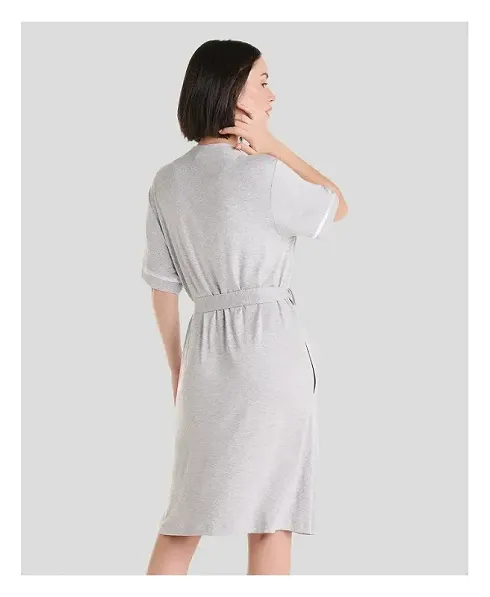 Grey summer short sleeved dressing gown with belt and pockets. Cool and casual