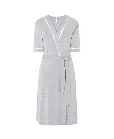 Lohe women's short dressing gown, plain, plain, with satin trimming on the neckband, side pockets, belt and short sleeves.