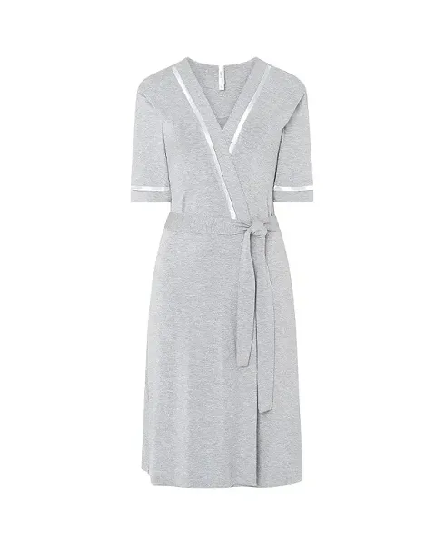 Lohe women's short dressing gown, plain, plain, with satin trimming on the neckband, side pockets, belt and short sleeves.