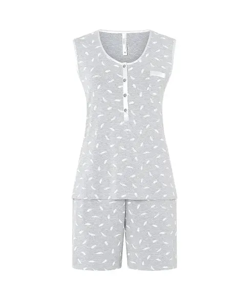 Lohe women's sleeveless pyjama shorts, grey feather print and short trousers with satin bow.