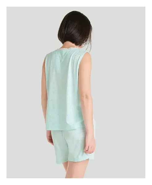 Cool sleeveless summer pyjamas for women in green with lace collar and silver details