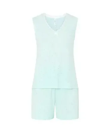 Women's sleeveless short summer pyjamas in cotton modal fabric with lace trim on the V-neck and shorts.