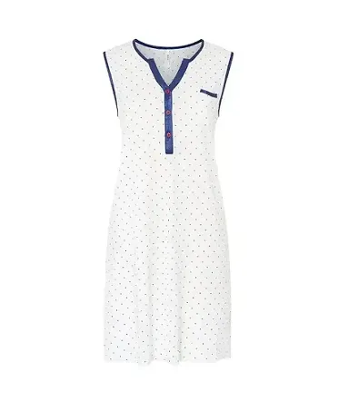 Short sleeveless summer nightdress in cotton modal cotton with polka dots, open neck with navy satin leg and buttons.