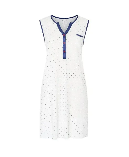 Short sleeveless summer nightdress in cotton modal cotton with polka dots, open neck with navy satin leg and buttons.