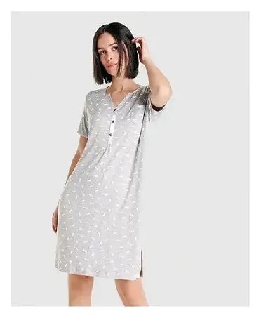 Grey short sleeved summer nightdress with buttons at the neckline and an elegant white feather print.