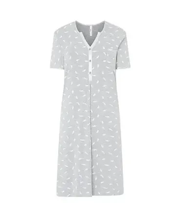 Women's short sleeved nightdress in grey vigoré with white feather print, open collar with satin leg, buttons.