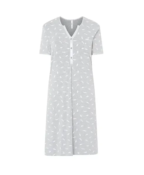 Women's short sleeved nightdress in grey vigoré with white feather print, open collar with satin leg, buttons.