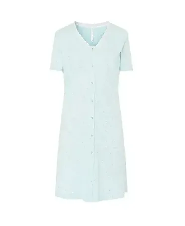 Open short summer nightdress with short sleeves, green modal cotton, silver details, with buttons, lace on neckline.