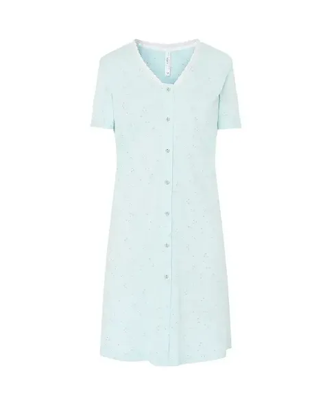 Open short summer nightdress with short sleeves, green modal cotton, silver details, with buttons, lace on neckline.