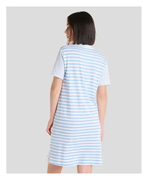 Rear view light blue and white striped short sleeve summer nightdress.