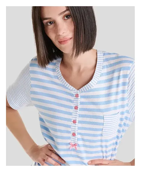 Detail view of striped short sleeve summer nightgown with buttoned collar.