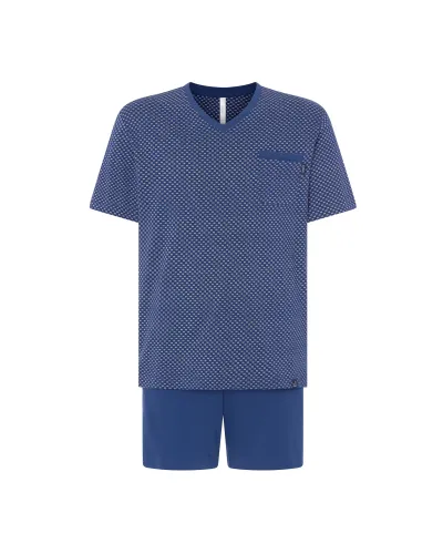 Hombre con pijama corto de verano azul estampado estilo corbatero