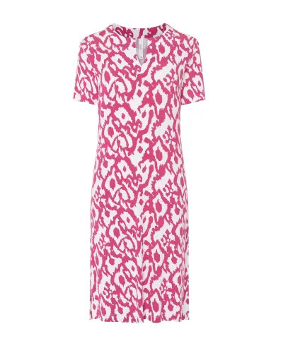 Women's short swimsuit in fuchsia printed viscose with open neckline