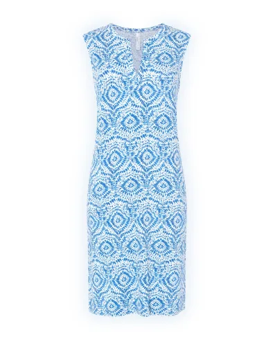 Woman in short blue sleeveless dress, special swimwear fashion