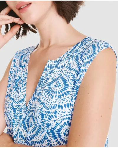 Woman in short blue sleeveless dress, special swimwear fashion