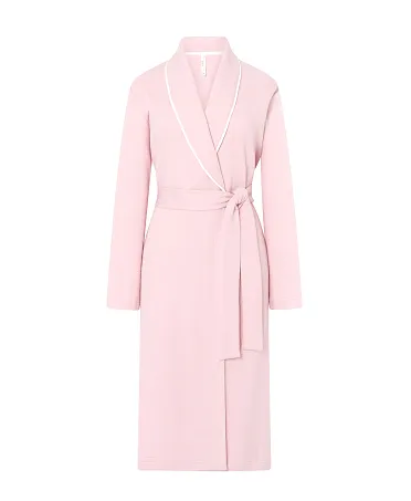 Lohe women's long dressing gown, pink knitted fabric, double breasted with piping on lapel, side pockets, belt and long sleeves.