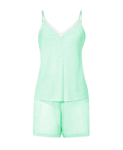 Women's short jacquard pyjamas in green viscose with polka dot print, lace on neckline, straps and shorts.