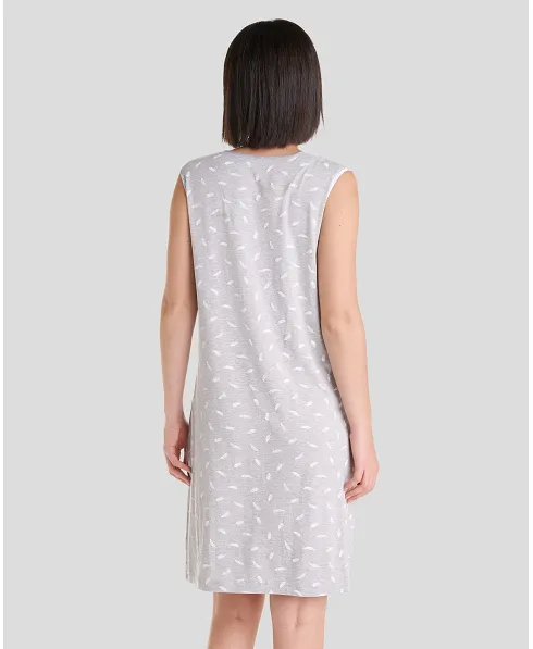 Back view of grey sleeveless summer nightdress with white feather print. Cool and elegant for the summer.