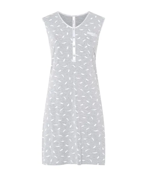 Lohe women's short nightdress, feather print fabric, open with satin leg, buttons and sleeveless.