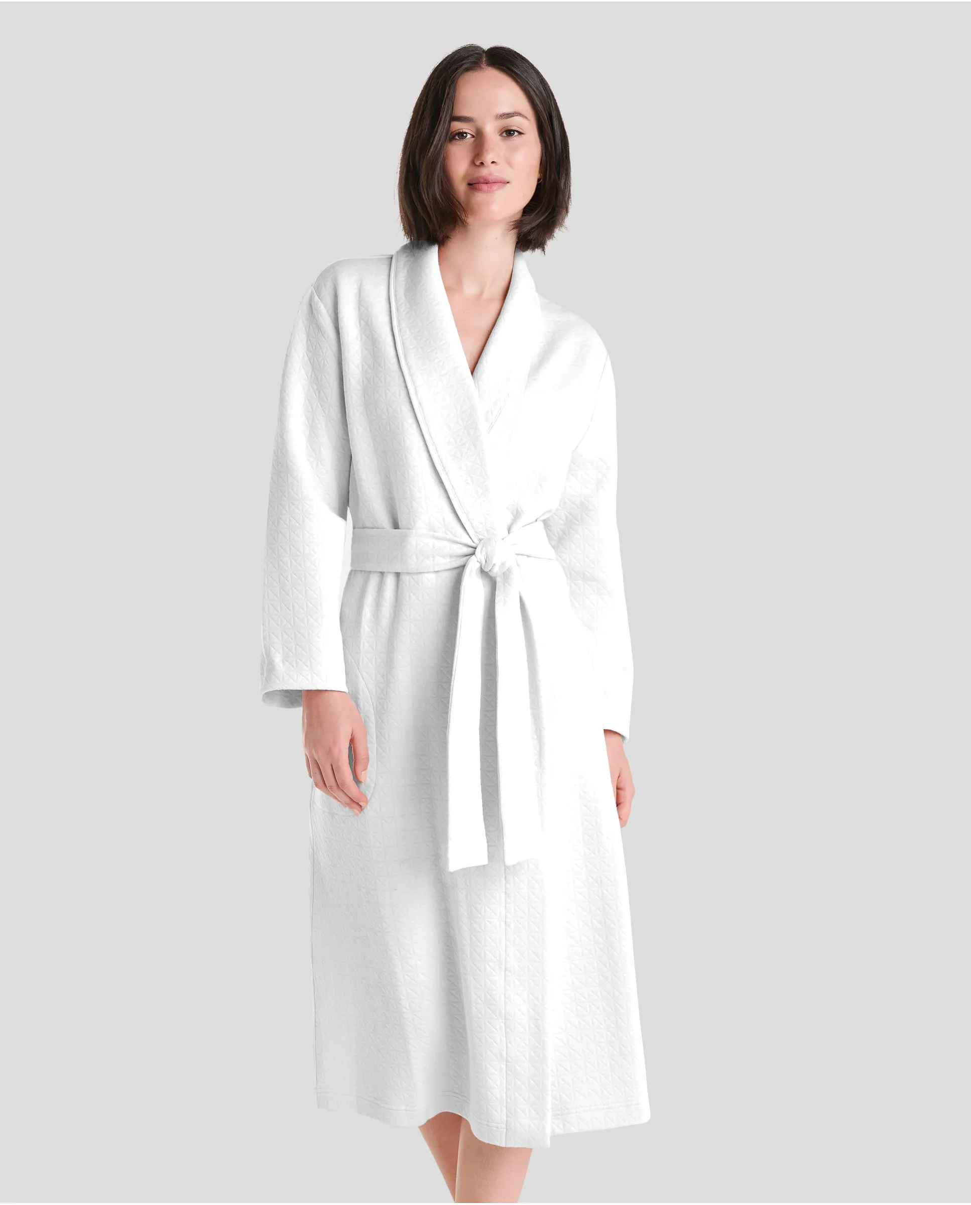 Ivory summer lingerie long-sleeved summer dressing gown, smocking collar with lapel trim, side pockets and waist belt