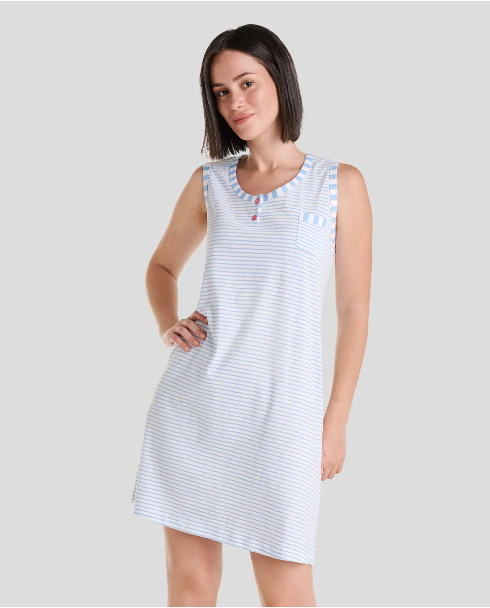 Camisón de mujer para verano sin mangas a rayas azules con cuello redondo y bolsillo decorativo