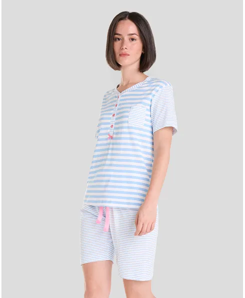 Women's summer pyjama shorts with short sleeves and shorts with blue striped print and pink bow detail at the waist.