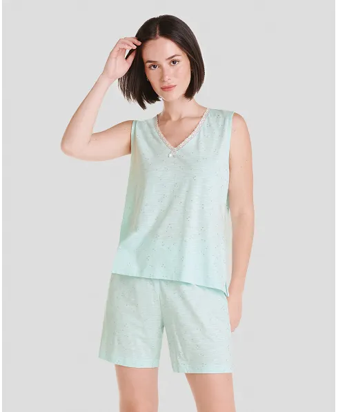 Women's sleeveless short pyjamas in green modal cotton fabric with silver details