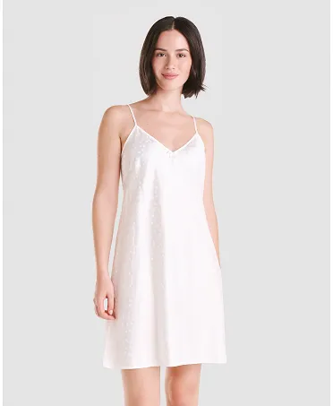 Short ivory satin jacquard strapless nightdress with straps