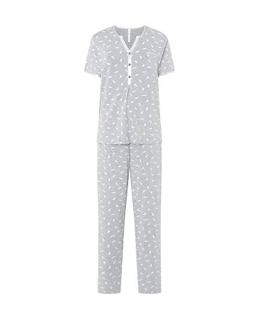 Lohe women's long pyjamas, grey feather print, open collar, satin leg open collar and buttons, long trousers