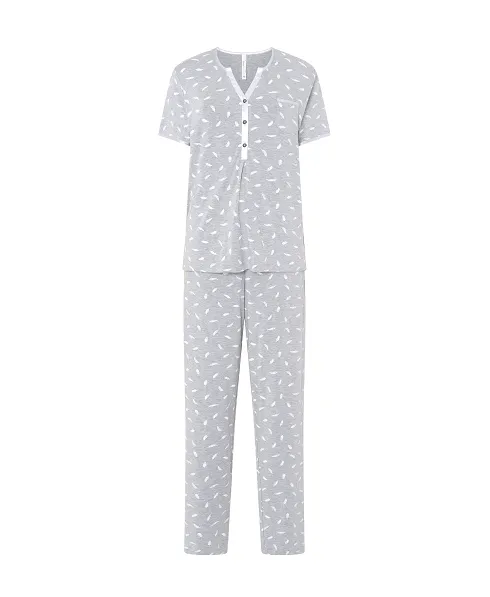 Lohe women's long pyjamas, grey feather print, open collar, satin leg open collar and buttons, long trousers