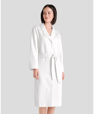 Ivory coloured long open lingerie dressing gown with buttons and belt and ivory coloured side pockets for summer