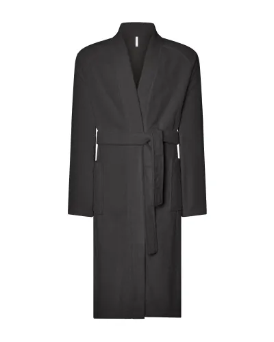 Men's unisex dark grey cotton bathrobe with plaston pocket and belt