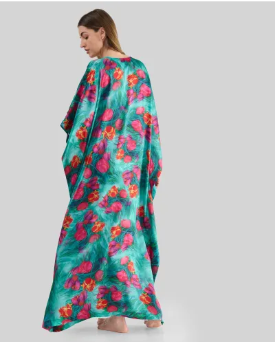 Kaftan de seda natural estampado con escote redondo y abertura central