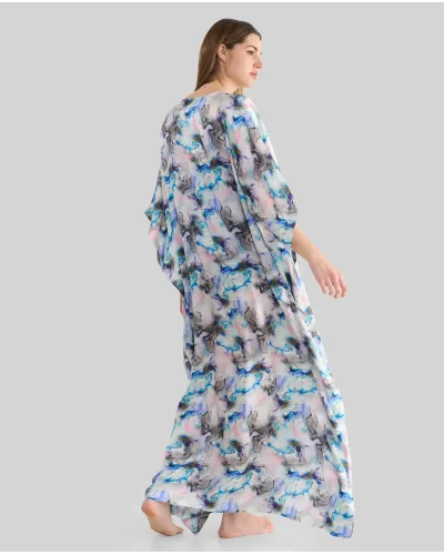 Kaftan de seda natural estampado con escote redondo y abertura central con manga mariposa al codo