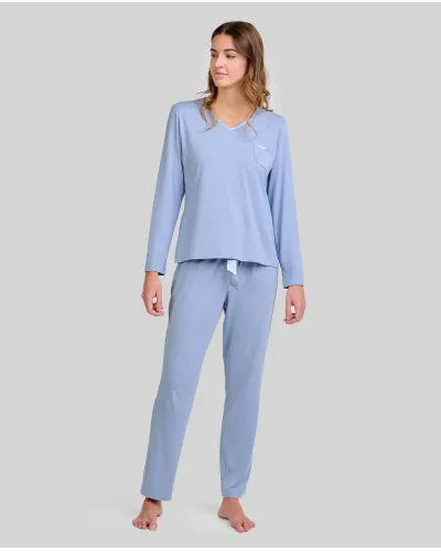 Women's long pyjamas in steel blue modal fabric with a V-neck and satin detailing