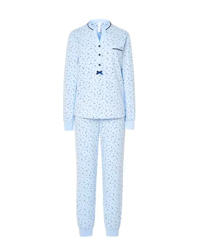 Woman wearing long sky blue winter pyjamas with a floral print, button-up collar and pocket