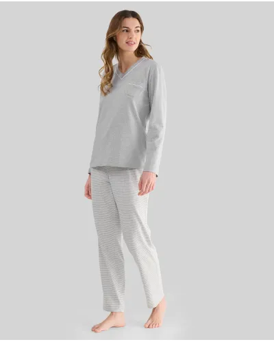 Women's grey melange long pyjamas with V-neck and striped trousers