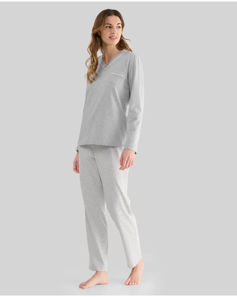Women's grey melange long pyjamas with V-neck and striped trousers