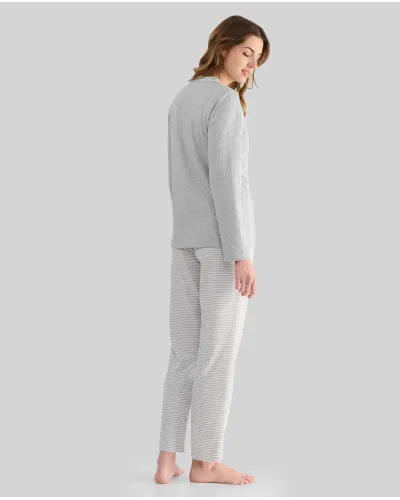 Women's grey melange long pyjamas with V-neck and striped trousers