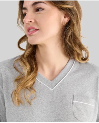 Women's grey melange long pyjamas with V-neck and striped trousers