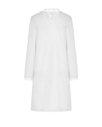 Woman wearing a classic ivory long-sleeved chemise nightdress with a V-neckline and lace trim.