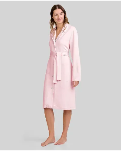 Woman wearing an elegant long pink lingerie robe with buttons and a belt
