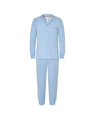 Girl wearing comfortable long winter pyjamas with a small grey polka dot pattern, V-neck with bow.