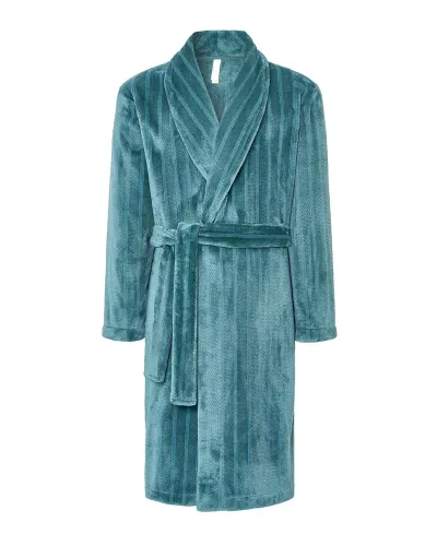 Man wearing a long jacquard robe with green stripes, tuxedo collar, side pockets and belt